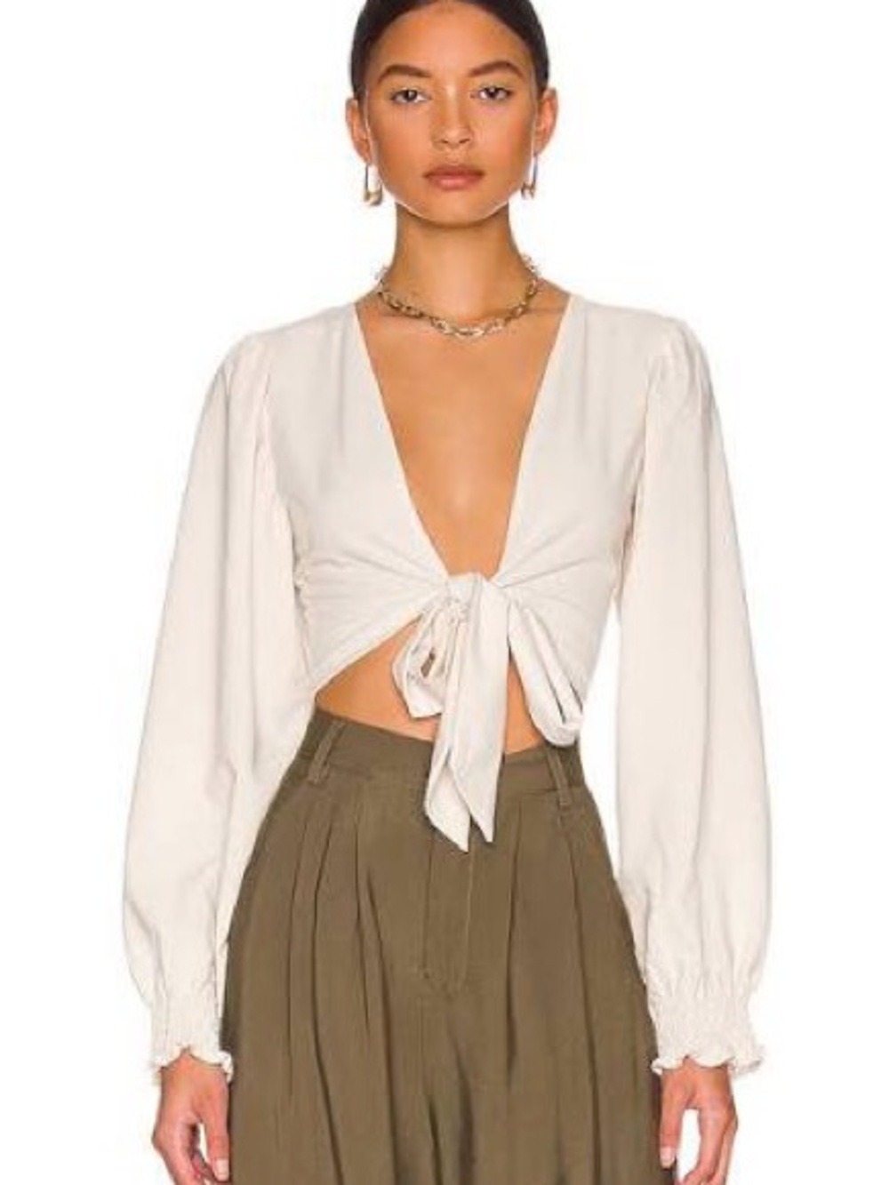 Superdown Tie-Front Deep V Crop Top in Cream